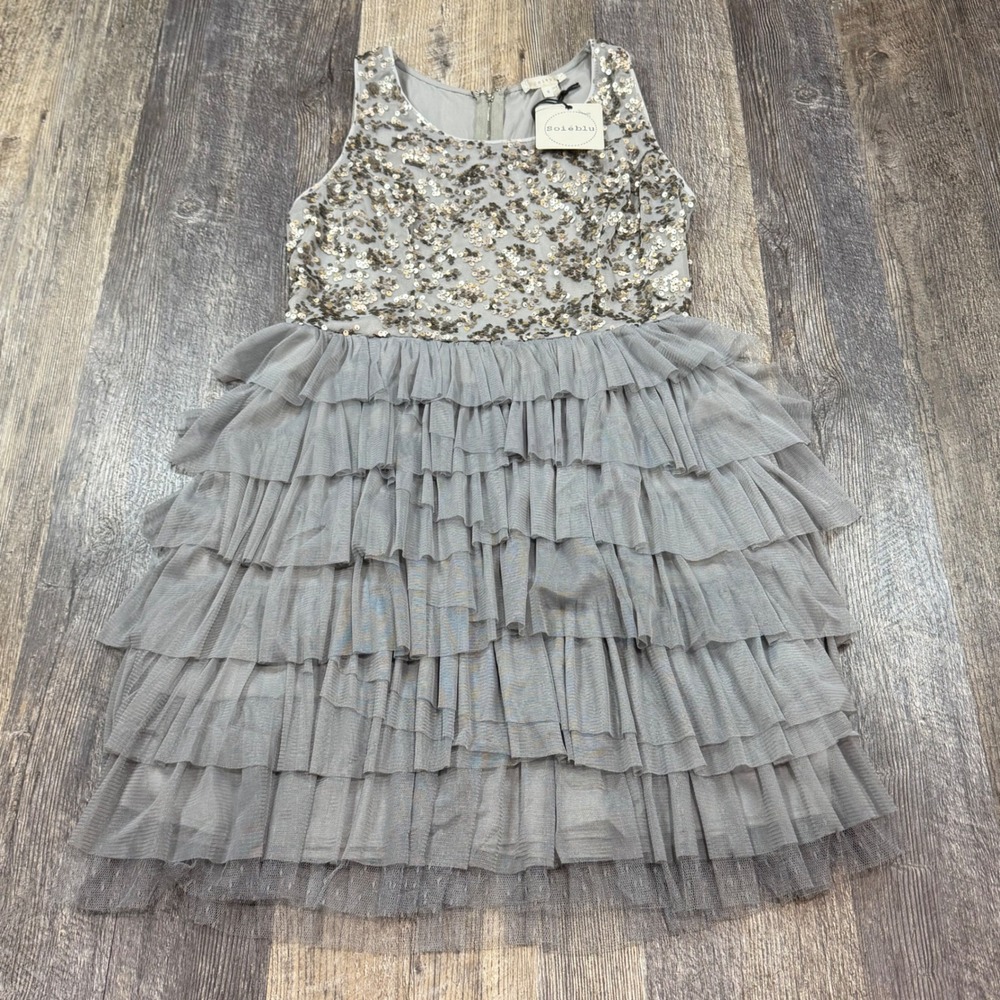 Soieblu Dress Womens Medium Grey Sequin Tulle Tiered Ruffle Sleeveless NWT